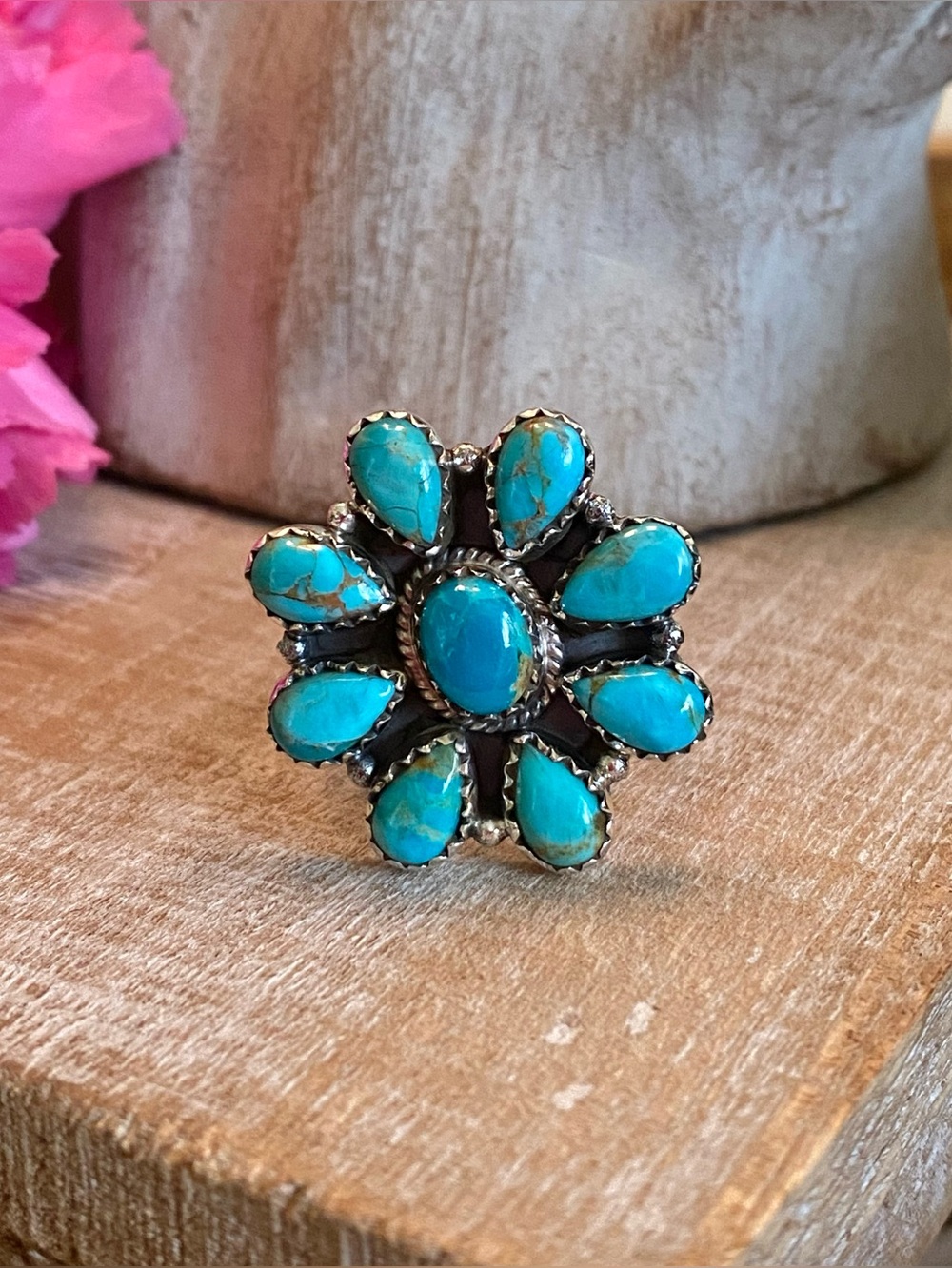 Turquoise flower cluster ring southwestern Navajo style sterling silver sz 7 ADJ
